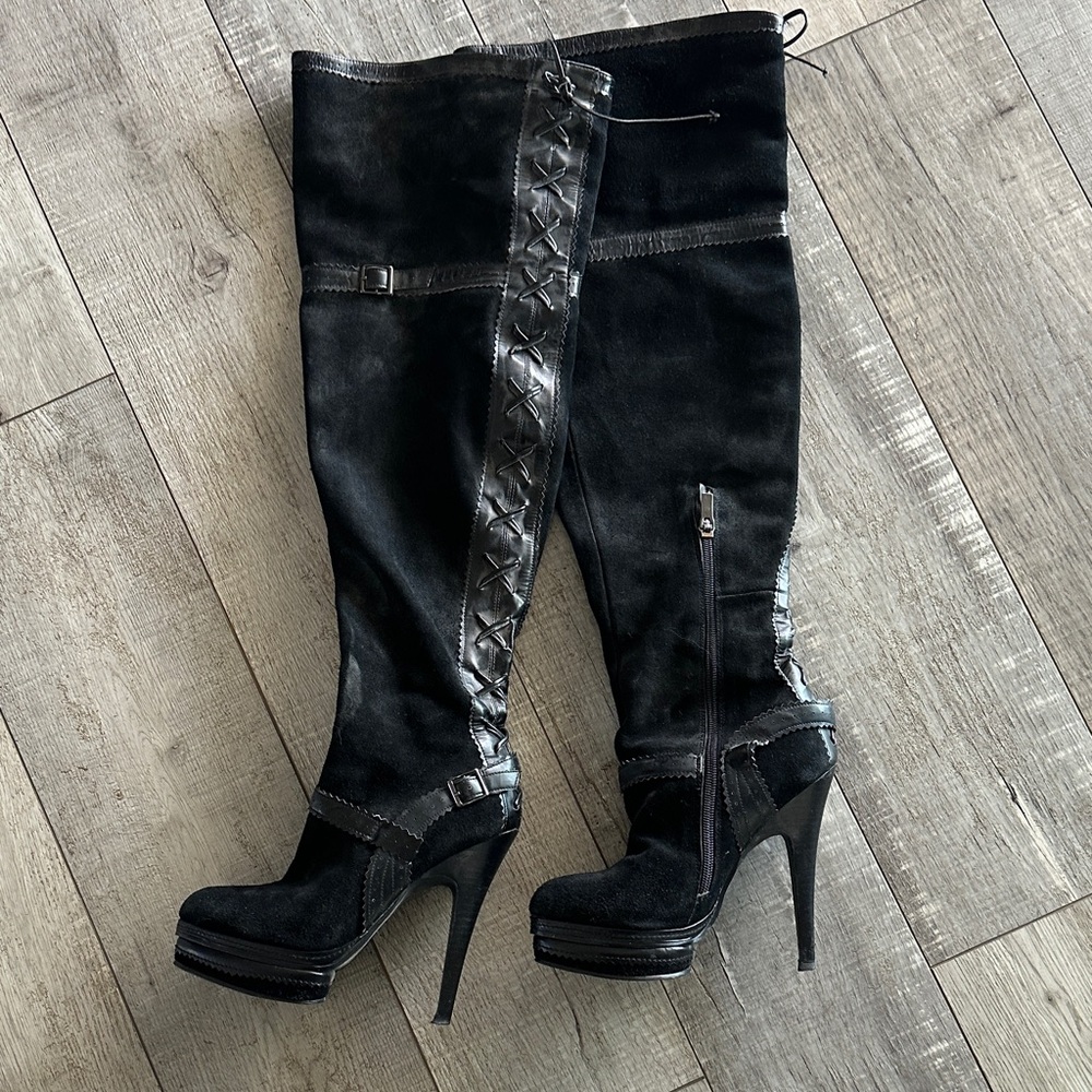 Black Over-the-Knee Suede Platform Stiletto Boots Colin Stuart
